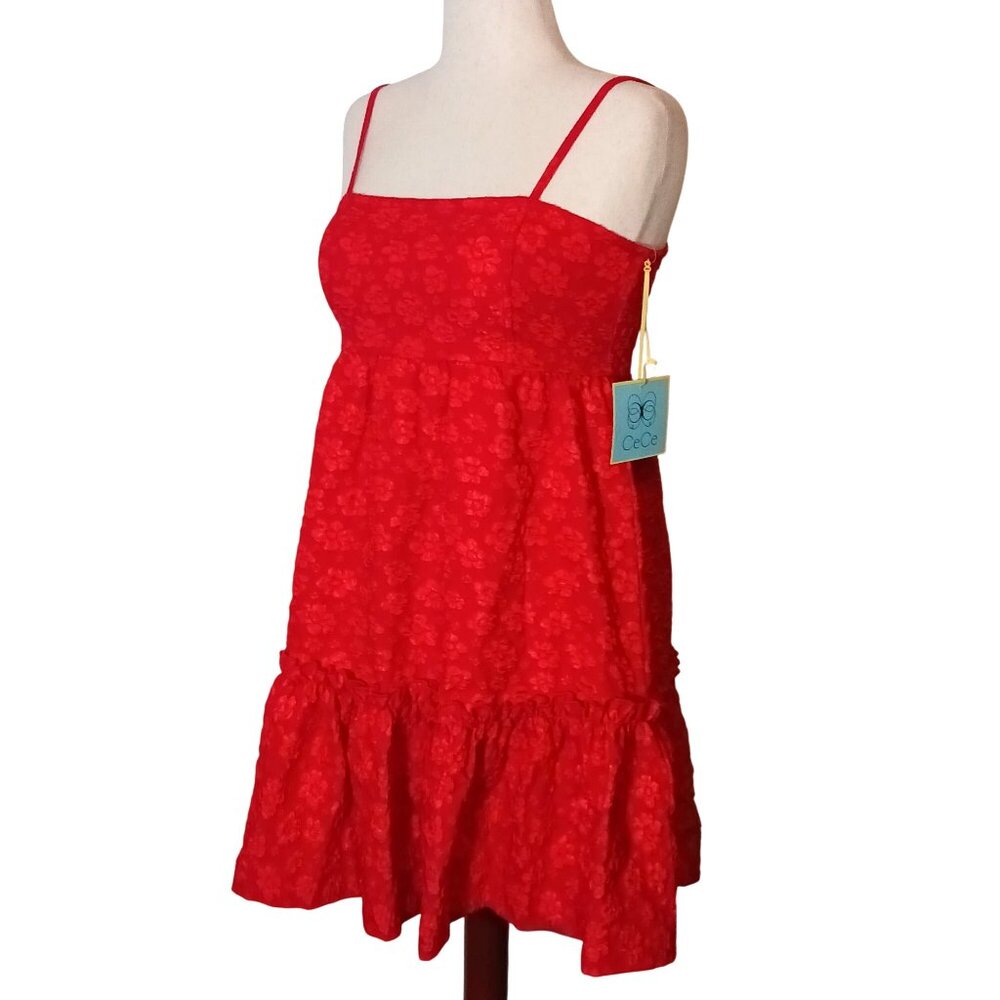 NEW CeCe Womens Floral‎ Print Babydoll Mini Dress Mars Red Size M Tiered Ruffled - Picture 3 of 12